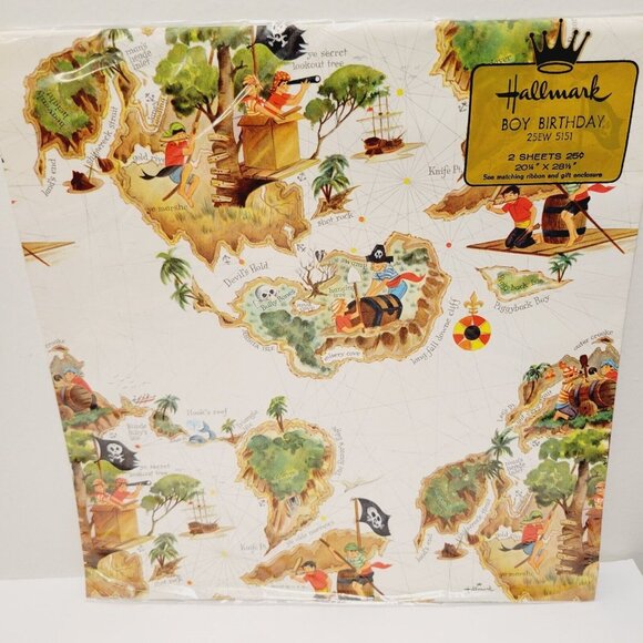 Vtg Hallmark Boy Birthday Kid Pirates Island Treasure Gift Wrapping Paper Crafts - Picture 1 of 5